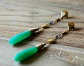 Summer Sale 10% Off Vermeil Gold Turquoise Green Chalcedony and Periwinkle Tanzinite Gemstone Wire Wrapped Earrings with Geometric Shaped C