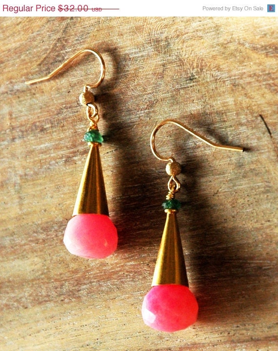 Summer Sale 10% Off Gold Pyramid Earrings with Raw Green Onyx and Hot Pink Rose Quartz Gemstones