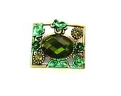 BEAD, metal jewel bead  with green rhinestone butterfly and flowers retro vintage style
