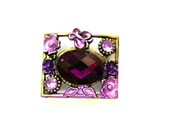 BEAD, metal jewel bead  with violet rhinestone butterfly and flowers retro vintage style