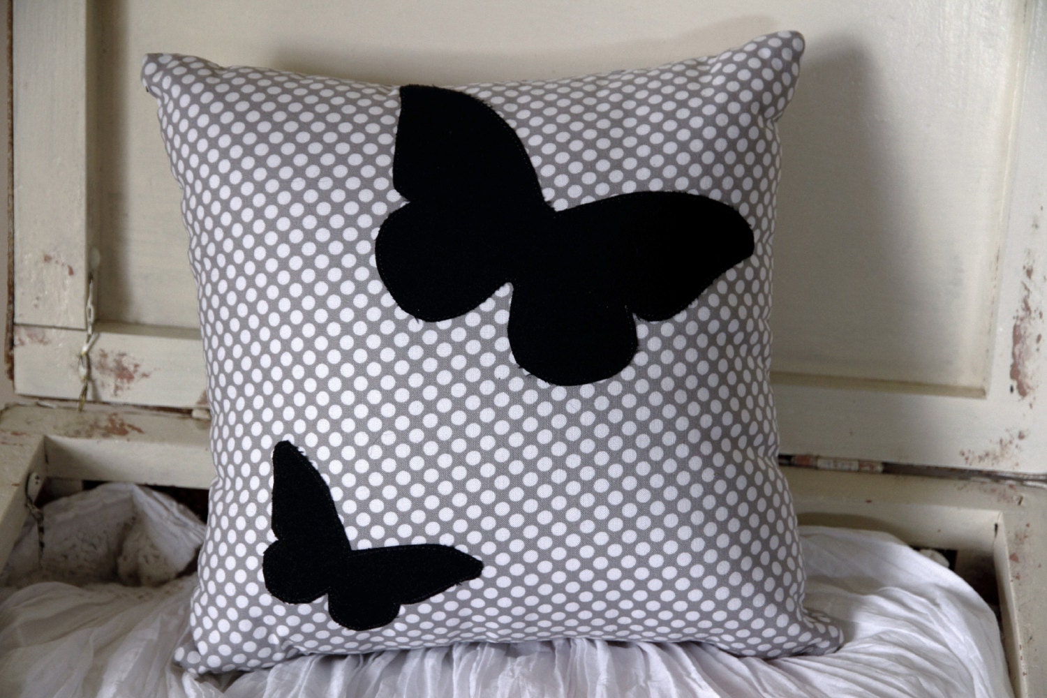 Grey and White Spotty Cushion with Black Butterflys
