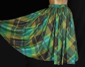 Vintage 50s Skirt - Gorgeous 1950s Gathered Full Diagonal Plaid Cotton Skirt in Shades of Green, Olive and Brown - Waist 27" - Size S to M