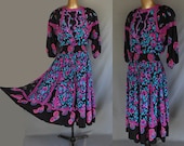 Vintage 80s Dress - 1980s Silk Abstract Print by Designer Diane Freis - Rich Hippie Boho - Size L to XL