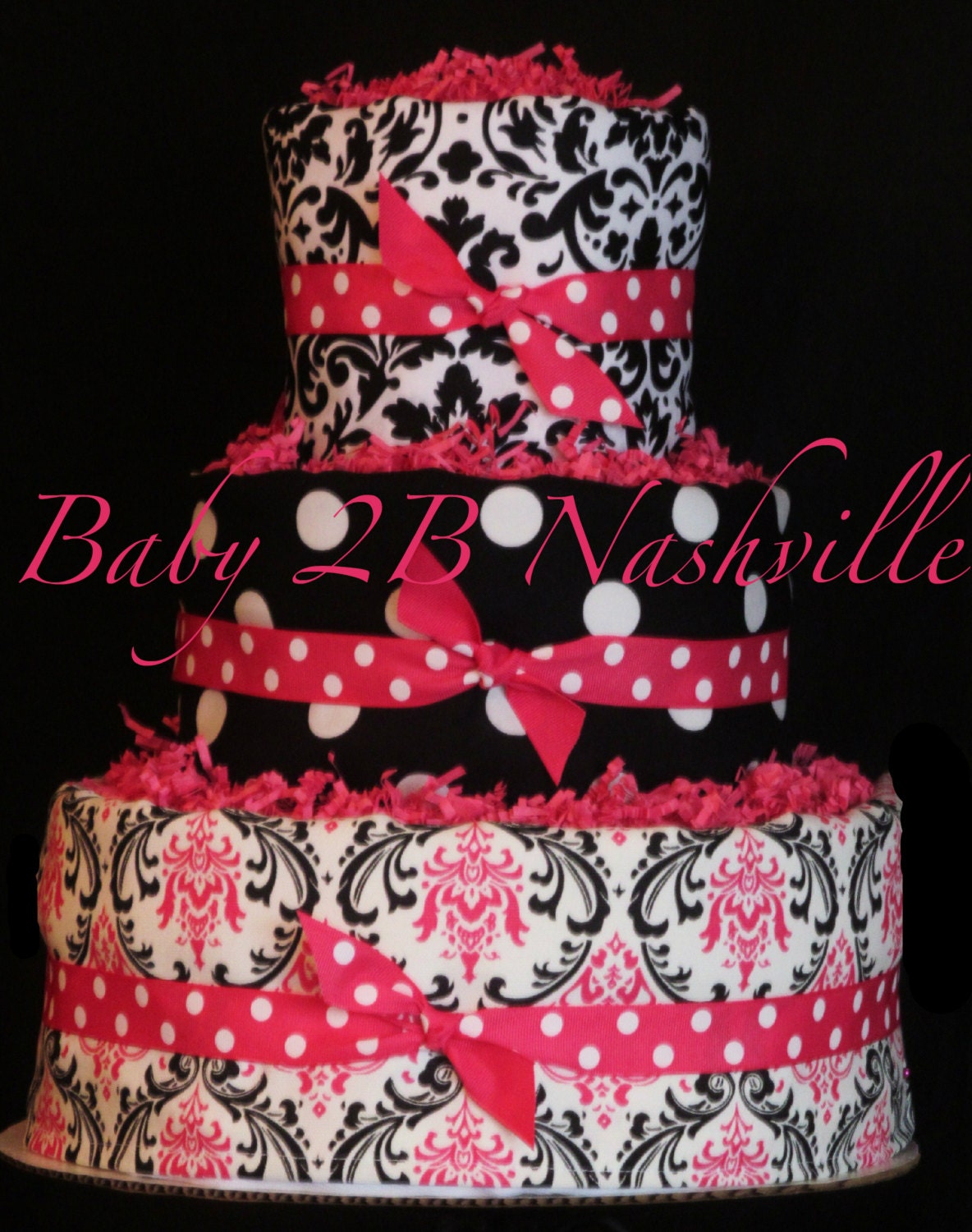 Diaper Cake for Girls Hot Pink and Black Damask Diaper Cake