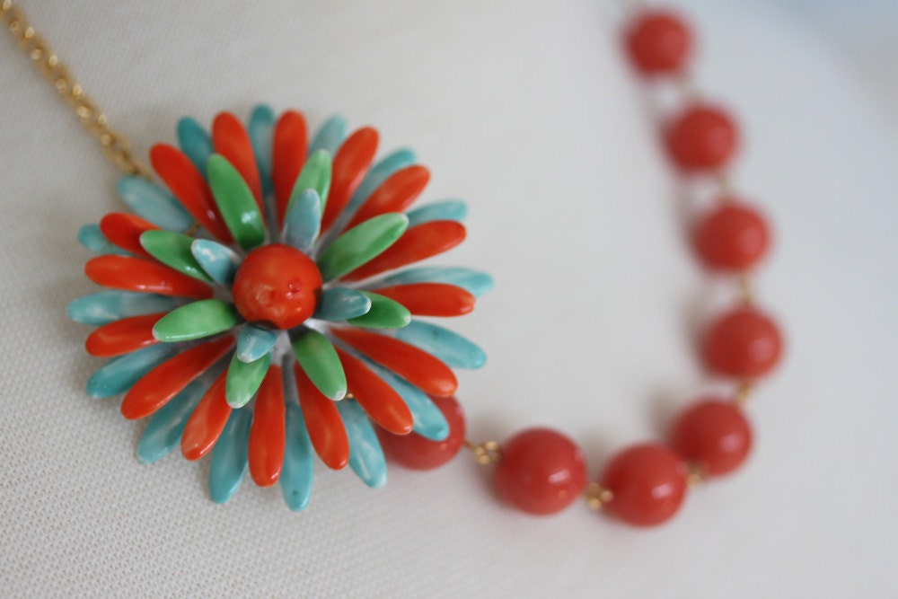 Flower Necklace, Coral Necklace, Orange Flower Necklace, Vintage Jewelry
