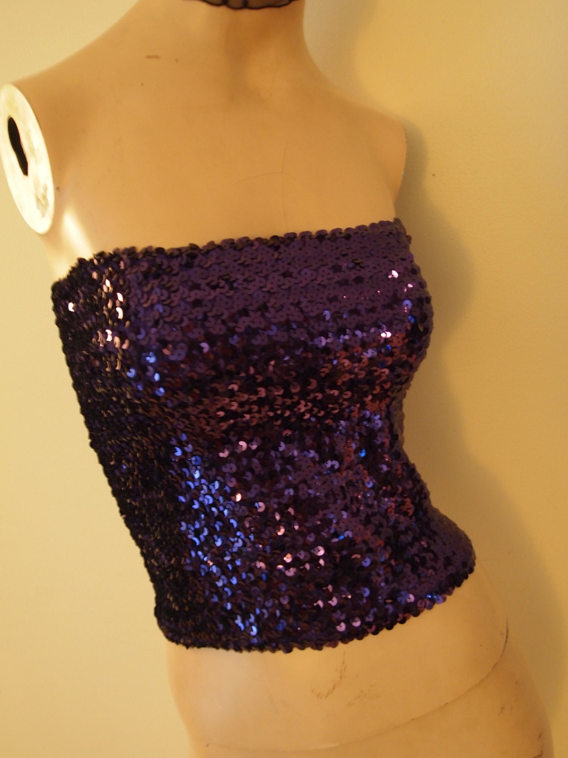 Vintage 70s Purple Sequined Tube Top Mini Skirt Glam Rock Disco Diva Darling