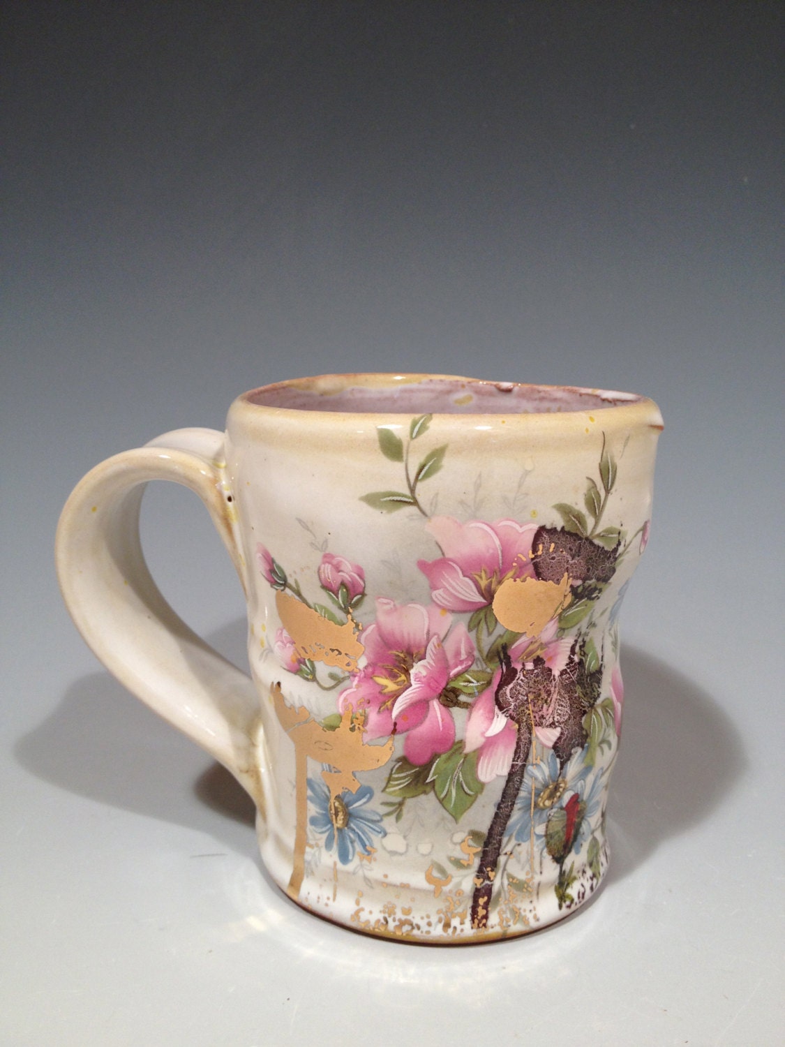 Mug with vintage flowers and subtle yellow glaze