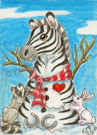 Snow Zebra Raccoon bunny Snowman Art ACEO Kim Loberg Original