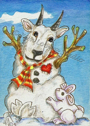 Snow Mt Goat bunny Snowman wildlife Art ACEO Kim Loberg Original