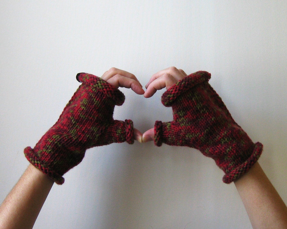 Fingerless Gloves Variegated Red Hand Knitted