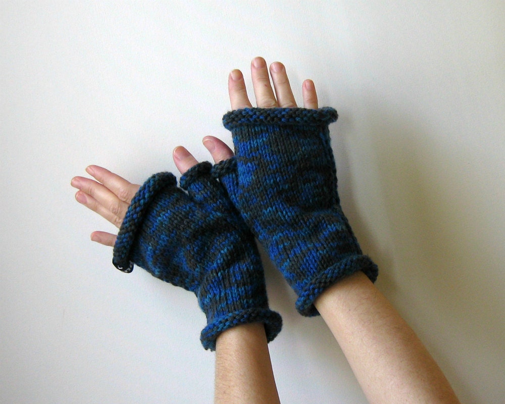 Fingerless Gloves Variegated Blue Hand Knitted