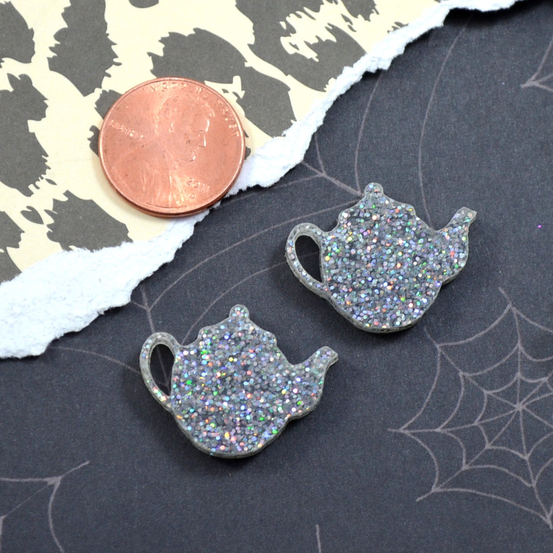 SNOWFLAKE GLITTER TEAPOTS - Laser Cut Acrylic Cabochons - Set of 2