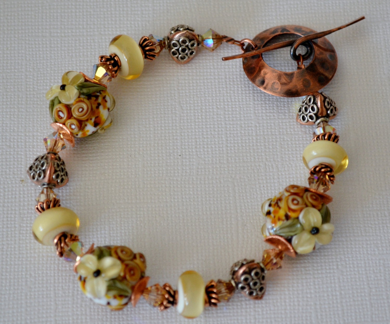 Copper Flowers Lampwork Bracelet with Copper and Swarovski Crystals