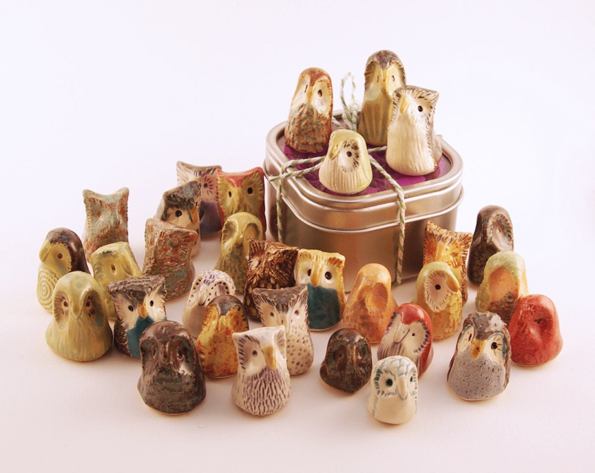Miniature Clay Owls, Five Ceramic Owls in a Metal Tin