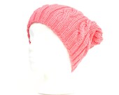 Hand Knit Warm Slouch Beanie - Acrylic Yarn - Strawberry Pink