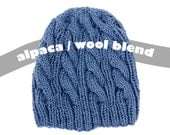 Hand Knit Mens Beanie - Cable Knit Hat - Alpaca Wool Blend Yarn - Deep Blue