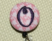 Many fabrics to design YOUR Badge Reel. Monogrammed single letter, Pink HOUNDSTOOTH