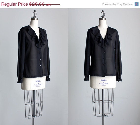 SALE 30% Off Black Ruffle Blouse 1980s Vintage Ruffle Collar Sheer Blouse