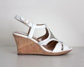 White Wedge Sandals 1990s Vintage White Leather Beaded Cork Wedge Heel Sandals Sz 7.5