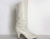 Neutral Knee Boots 1980s Vintage Bone Cream Leather Tall Heel Boots Sz 8