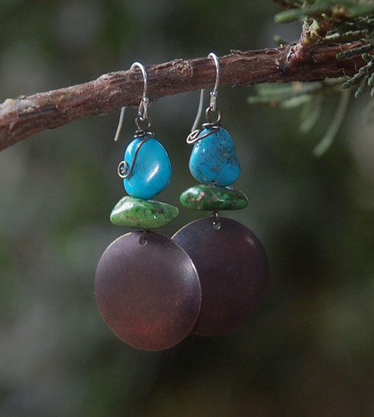 Rustic Southwest - Turquoise Copper Earrings, green, sea blue, hoop
