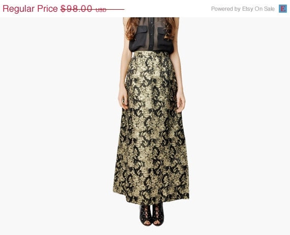 SALE - Vintage Black and Gold Metallic Maxi Brocade Skirt