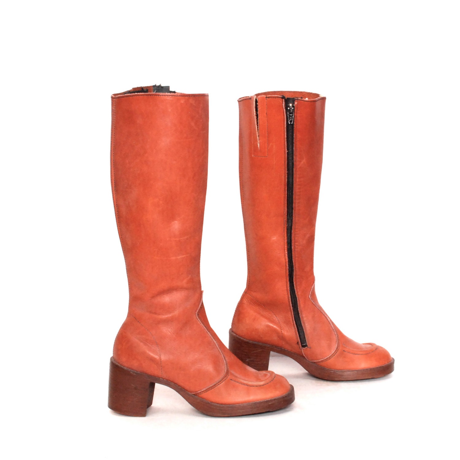 size 8.5 PLATFORM tan leather 60s CAMPUS GOGO knee high zip up boots
