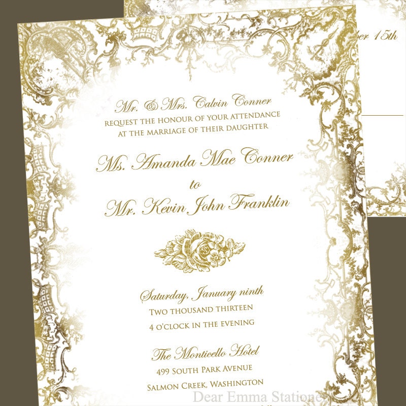 Elegant Grunge Wedding Invitations and Reply card - Gold Lacy Vinatge Romantic Wedding - SAMPLE