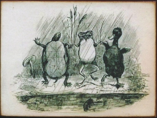 Wood Block Turtle Frog Duck Dancing In Rain Vintage Style -45