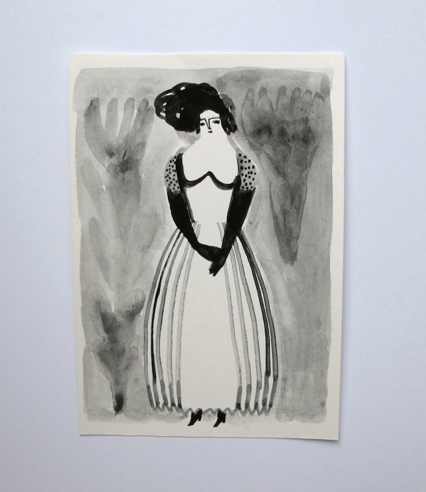 RESERVED FOR D lady in her garden - an original gouache painting sketch - folk art