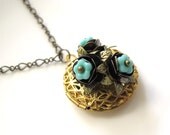 Metallic Rose, Teal Green flowers, Turquoise Blossoms, Vintage Inspired, Nature Garden,  Raw Brass Locket, Trinkets Locket, Locket Necklace