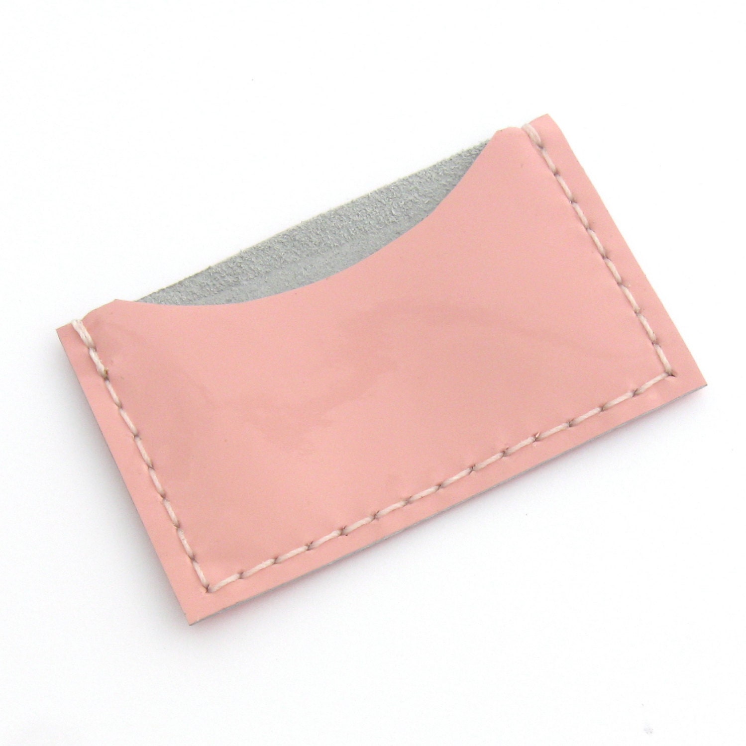 Spring Pastel Pink Leather Card Holder, Hand Stitched Pink Patent Leather Business Card Case