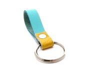 Summer Yellow and Aqua Leather Keychain, A Color Block Leather Key Ring