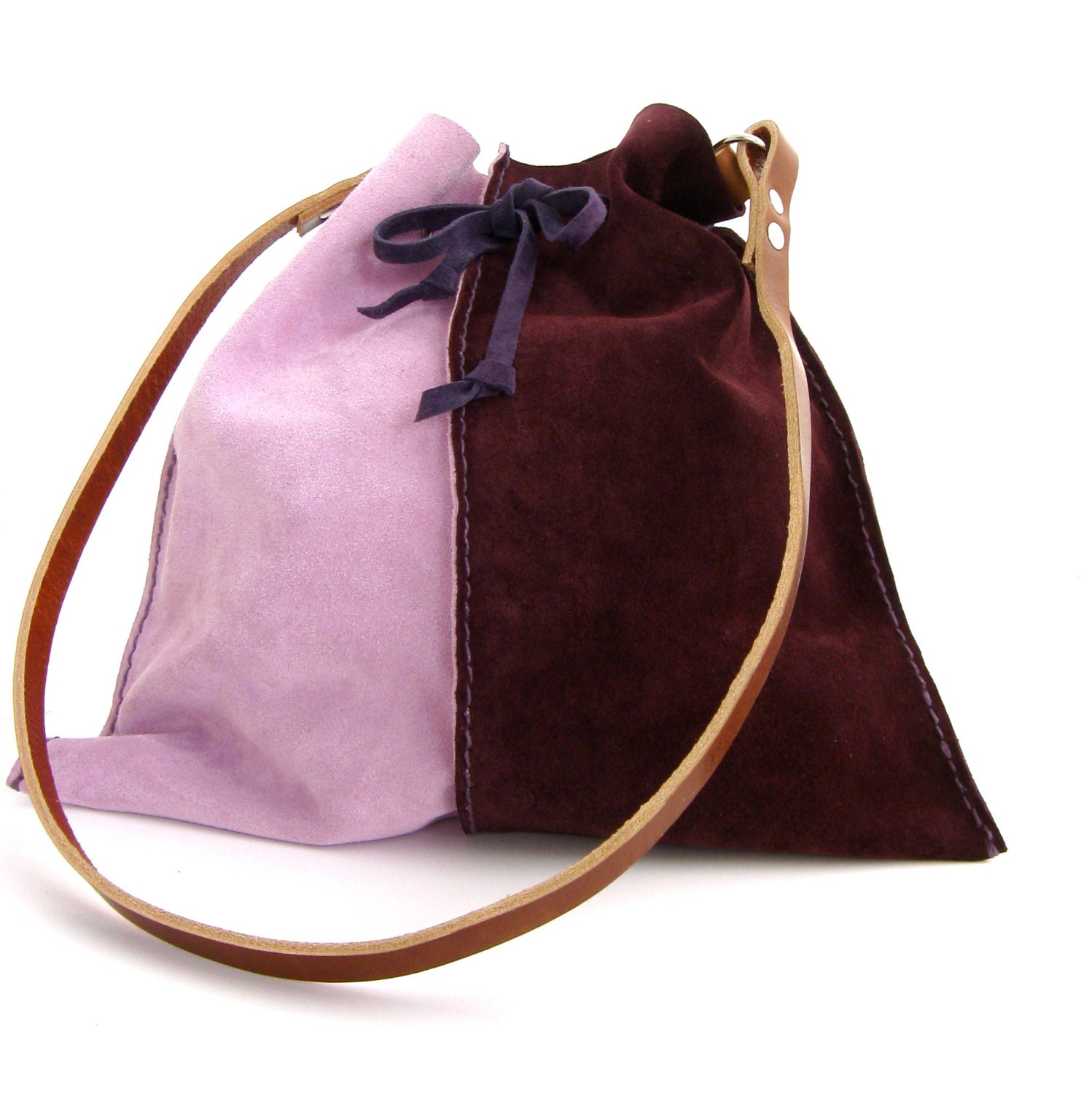 Hand Stitched Color Block Suede Leather Handbag, A Handmade Purse in Orchid, Aubergine, and Purple