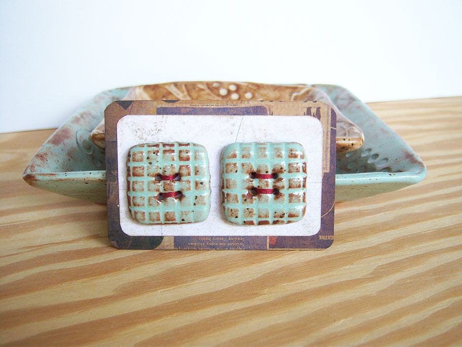 Textured Grid Stoneware Buttons in Pistachio Shino Glaze - Set of 2