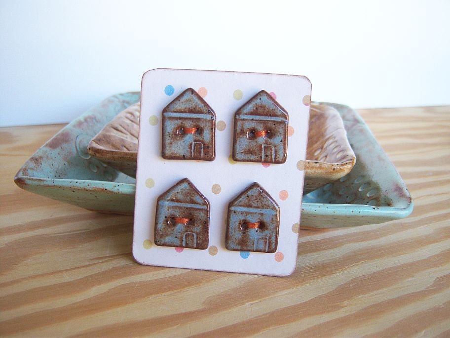 Ceramic House Buttons in Blue Shino Glaze - Set of 4