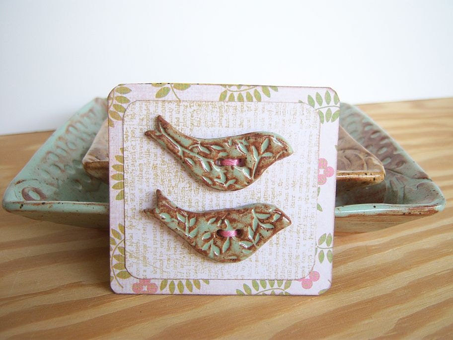 Rustic Ceramic Bird Buttons in Pistachio Shino Glaze - Set of 2