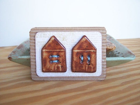 Ceramic Stoneware House Buttons - Large Shino Speckled Rusty Brown - Set of 2