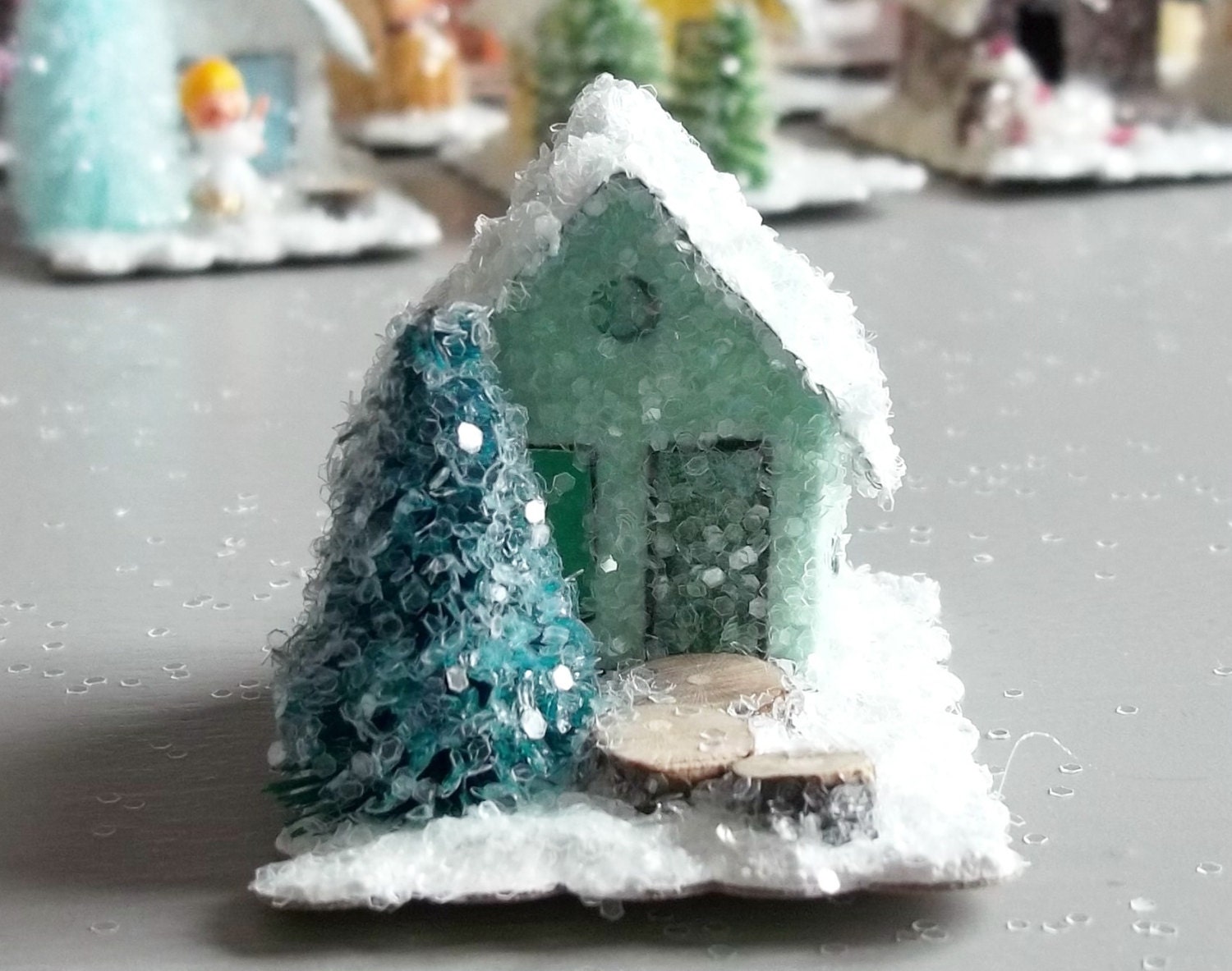 Vintage Putz Style Tiny Miniature Mint Green Glitter Sugar House with Santa Shabby Christmas Village Ornament Tiny Bottle Brush Tree