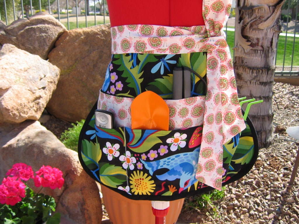 Vendor Apron - Half Apron with 6 Pockets - Utility - Teacher's Gifts - Sassy and Chic Half Apron with Early Birds by Jane Sassaman