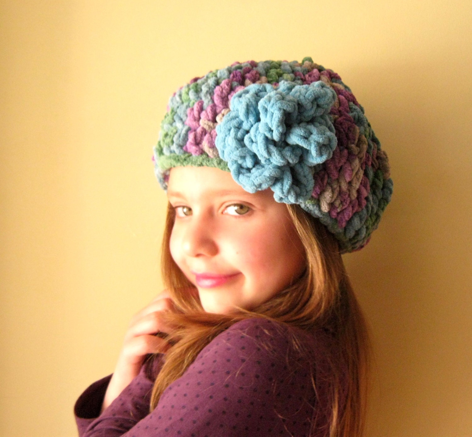 2 -4 years -  Crochet Hat with Flower - Soft Fleece yarn in Purple , Green and Blue