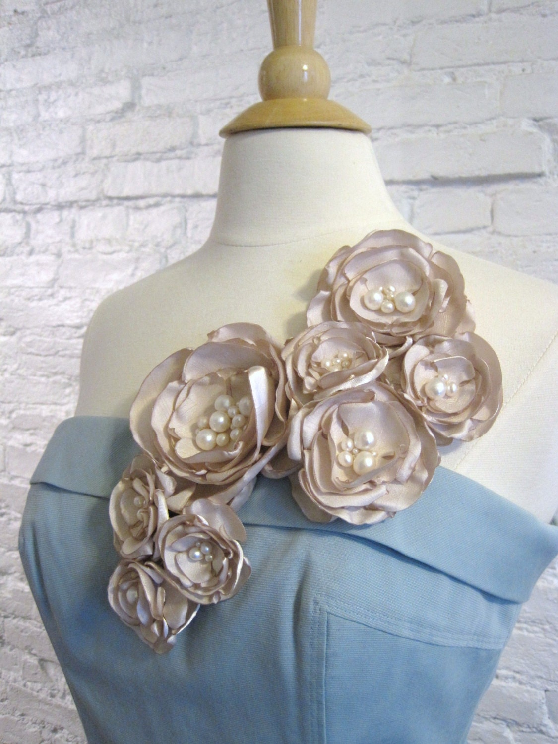 fabric flower brooch - multi bloom  statement corsage pin in ivory with freshwater pearl centers