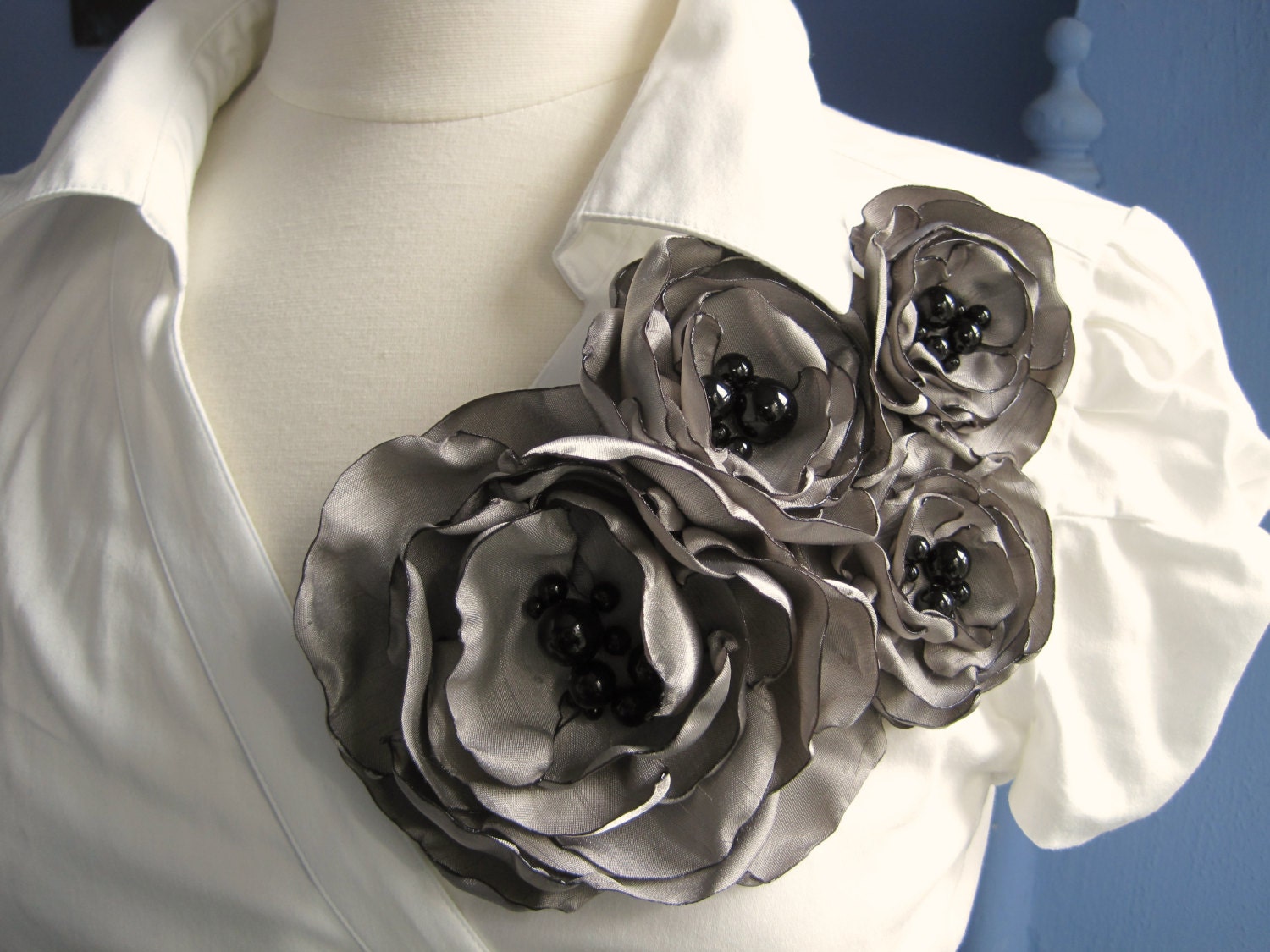 fabric flower brooch -   - four bloom  corsage pin in warm pewter with black onyx centers