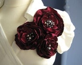 fabric flower brooch -   luxe three bloom  corsage pin in deep red with freshwater pearl centers