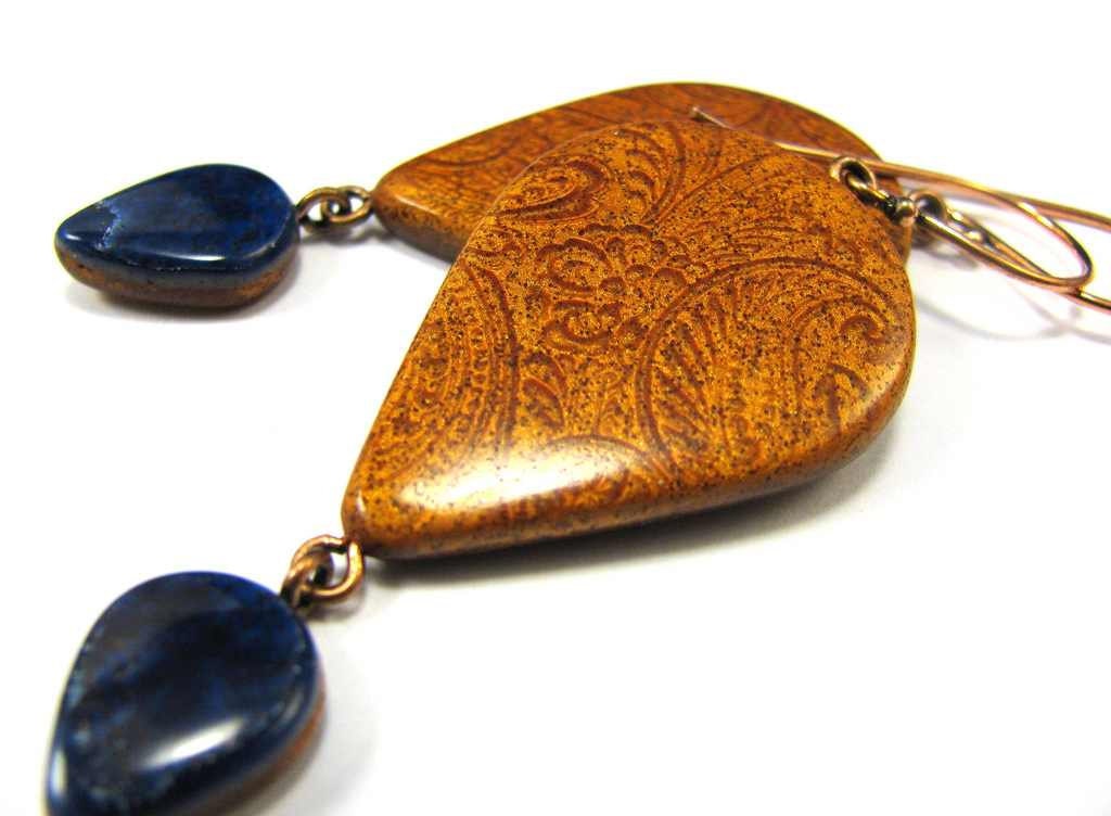 Southwestern Landscapes Series - Cowgirl Chic Collection - Copper Paisley Mica Shift Polymer Clay Earrings with Faux Lapis Polymer Charm
