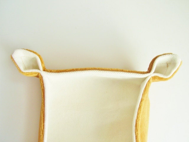 Square fabric basket, desk organizer, eco-friendly, white and caramel brown with button embellishments