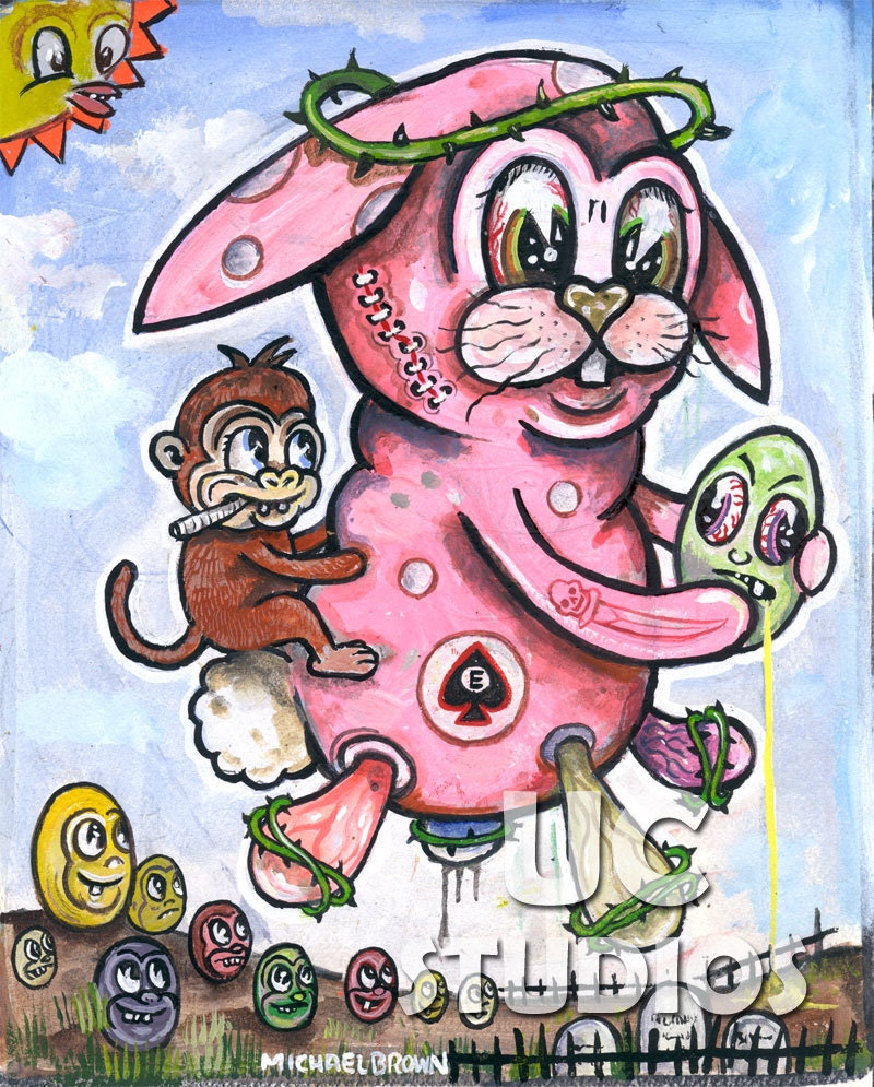 Pink Floating Sacred Bunny and Monkey PRINT 39 Reproduction from Painting by Michael Brown UC Studios
