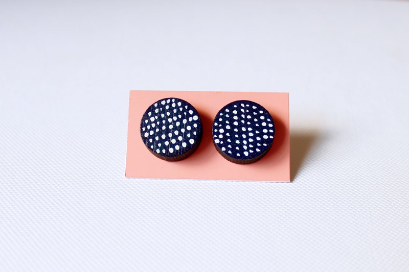 Bamboo Earrings Polka Dots - Navy Blue with White Dots