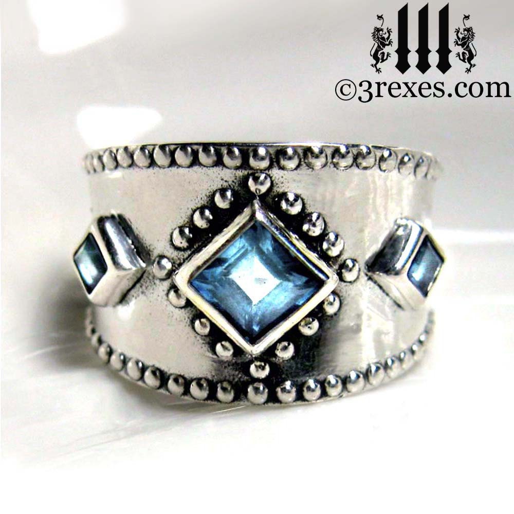 3 Wishes Silver Ring Blue Topaz Medieval Band Size 6