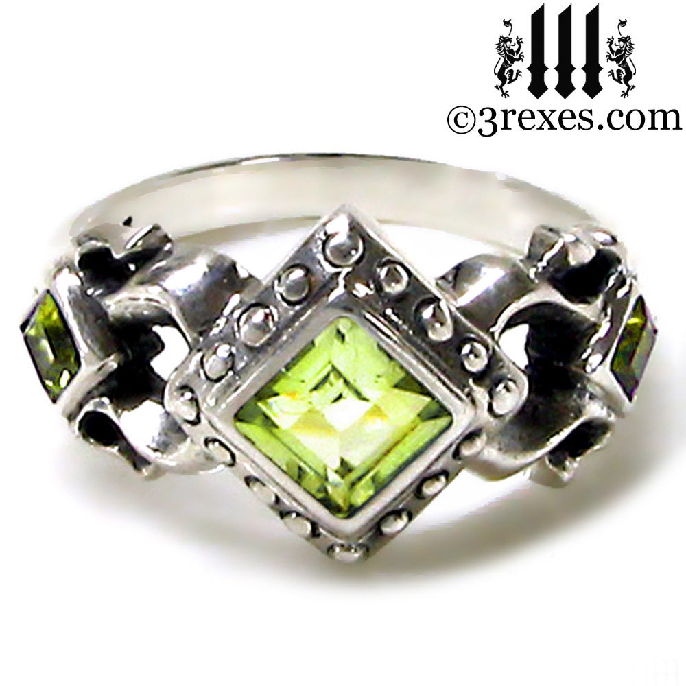 Royal Princess Wedding Ring Green Peridot Stone Gothic Sterling Silver Band Size 6